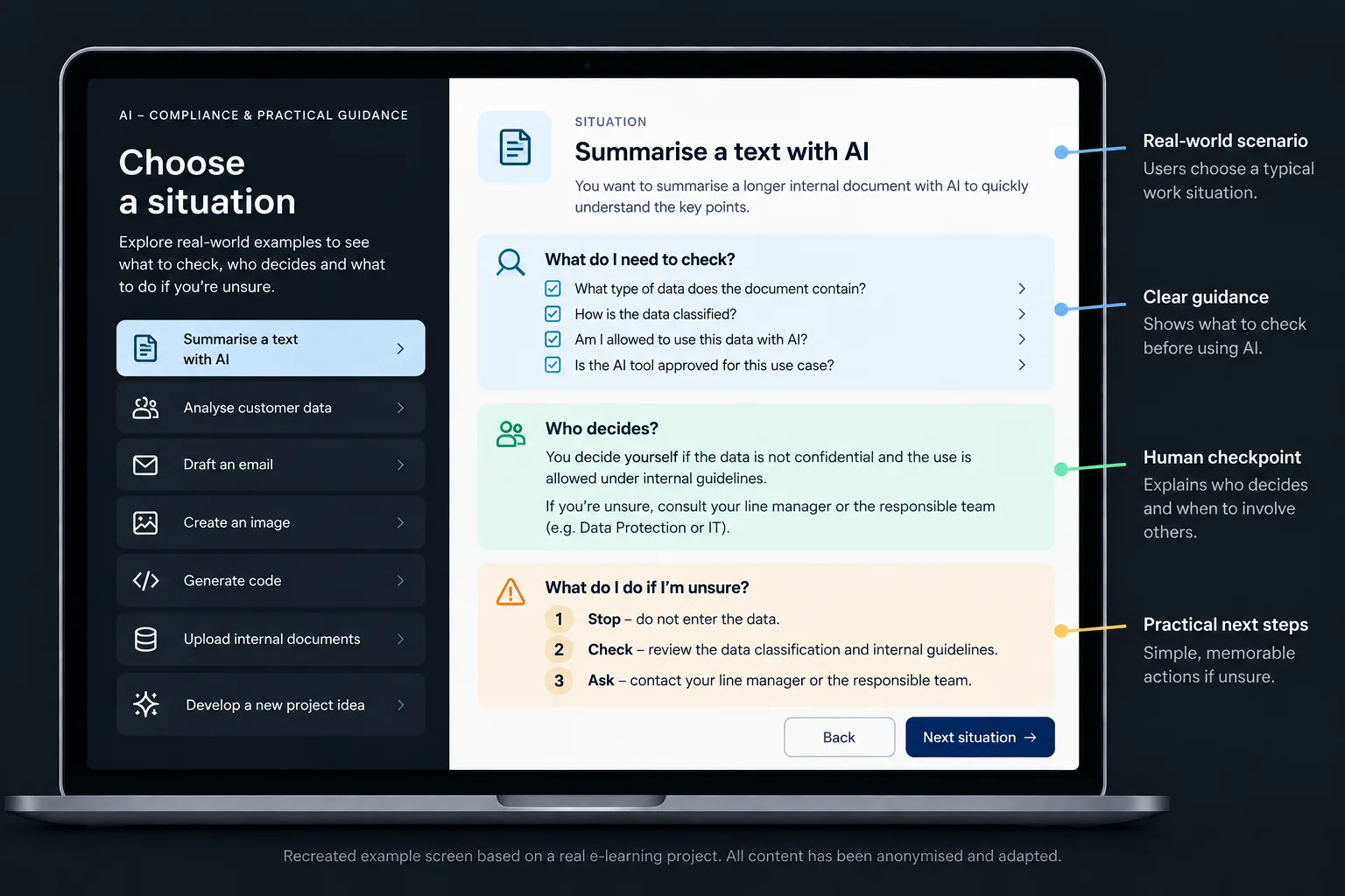 AI compliance guidance on a laptop. The user chooses the situation 'Summarise a text with AI' and sees what to check, who decides, and three steps if unsure: stop, check, ask. Callouts label the real-world scenario, clear guidance, human checkpoint and practical next steps.