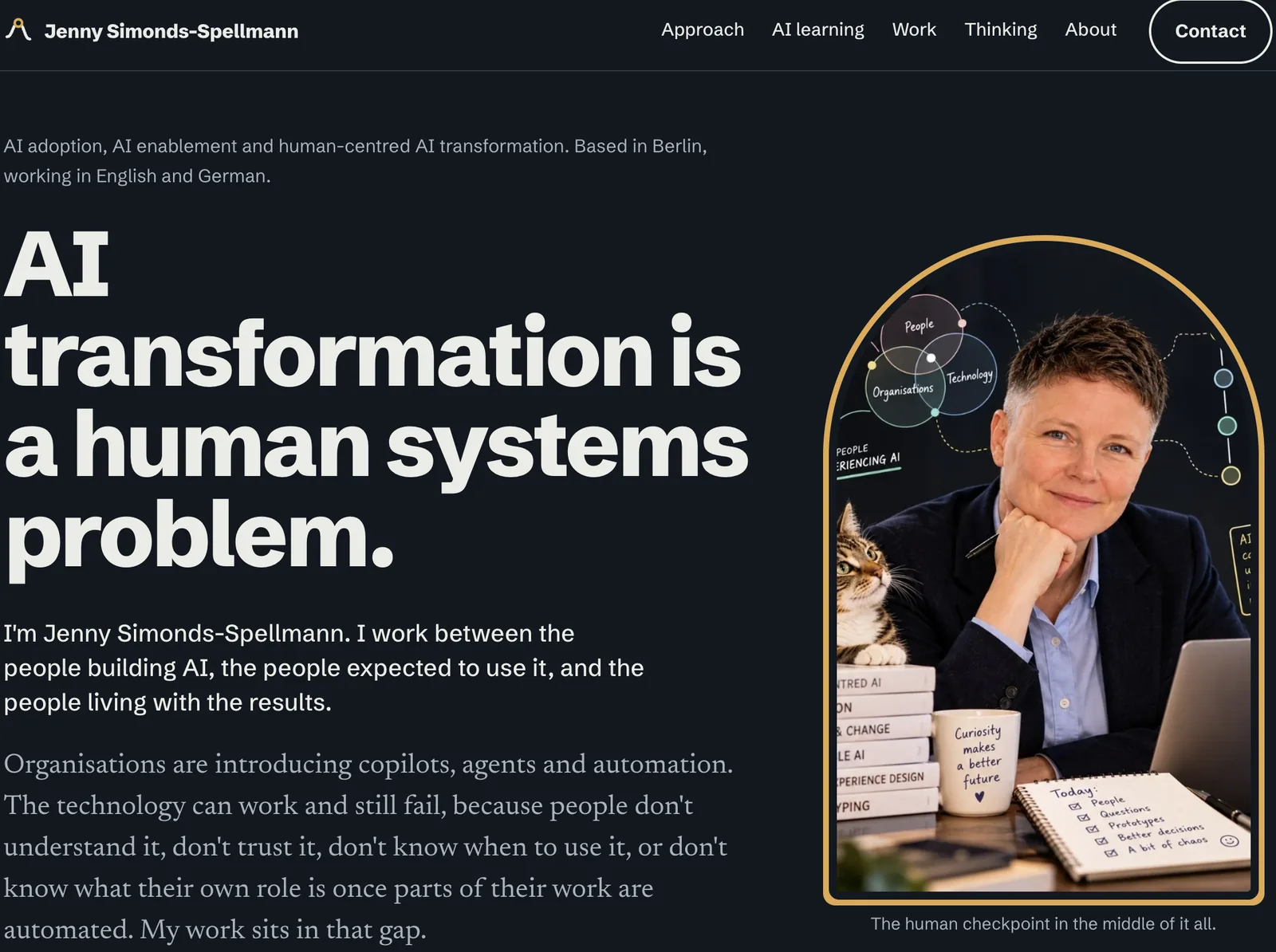 The aiadoption.design homepage in dark mode: the headline 'AI transformation is a human systems problem.' beside a portrait of Jenny in an arch frame with an ochre ring.