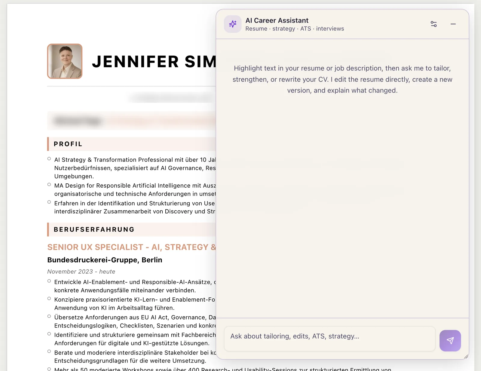 The EquitAI CV editor with the AI Career Assistant open beside a CV. The assistant explains that you highlight text and ask it to tailor, strengthen or rewrite, and that it edits the CV directly, creates a new version and explains what changed.