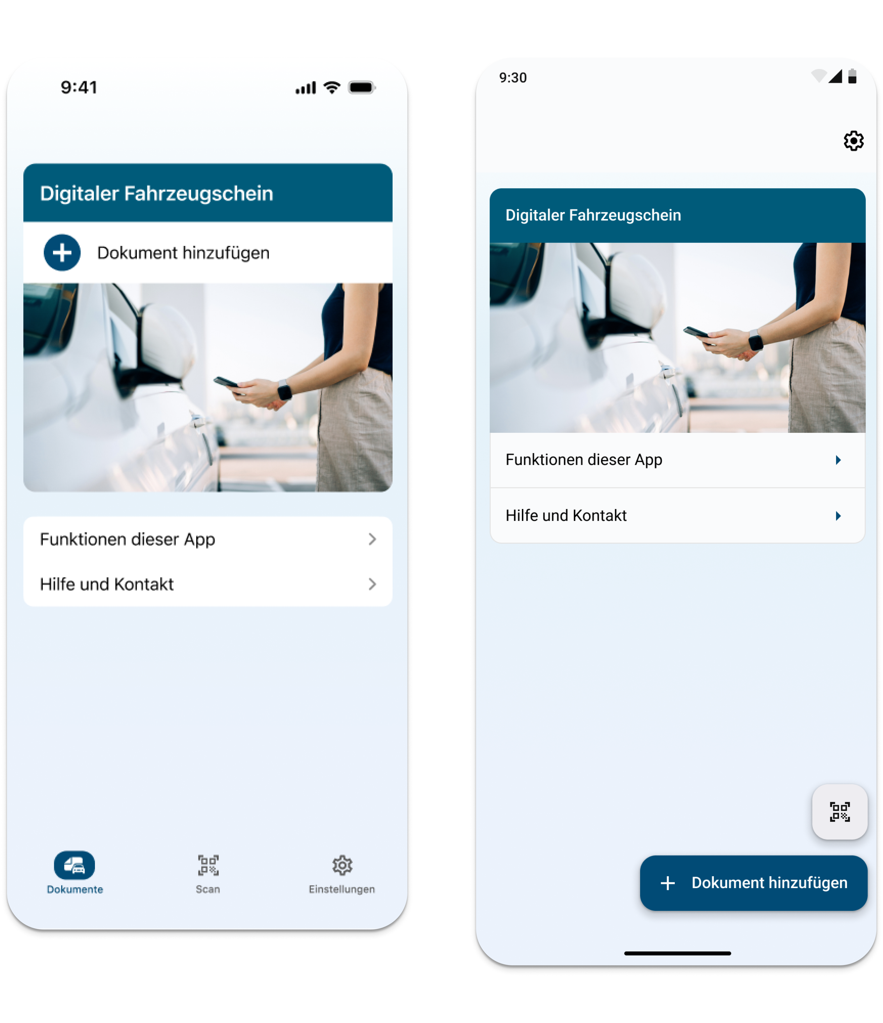 i-Kfz app interface showing cross-platform design on iOS and Android